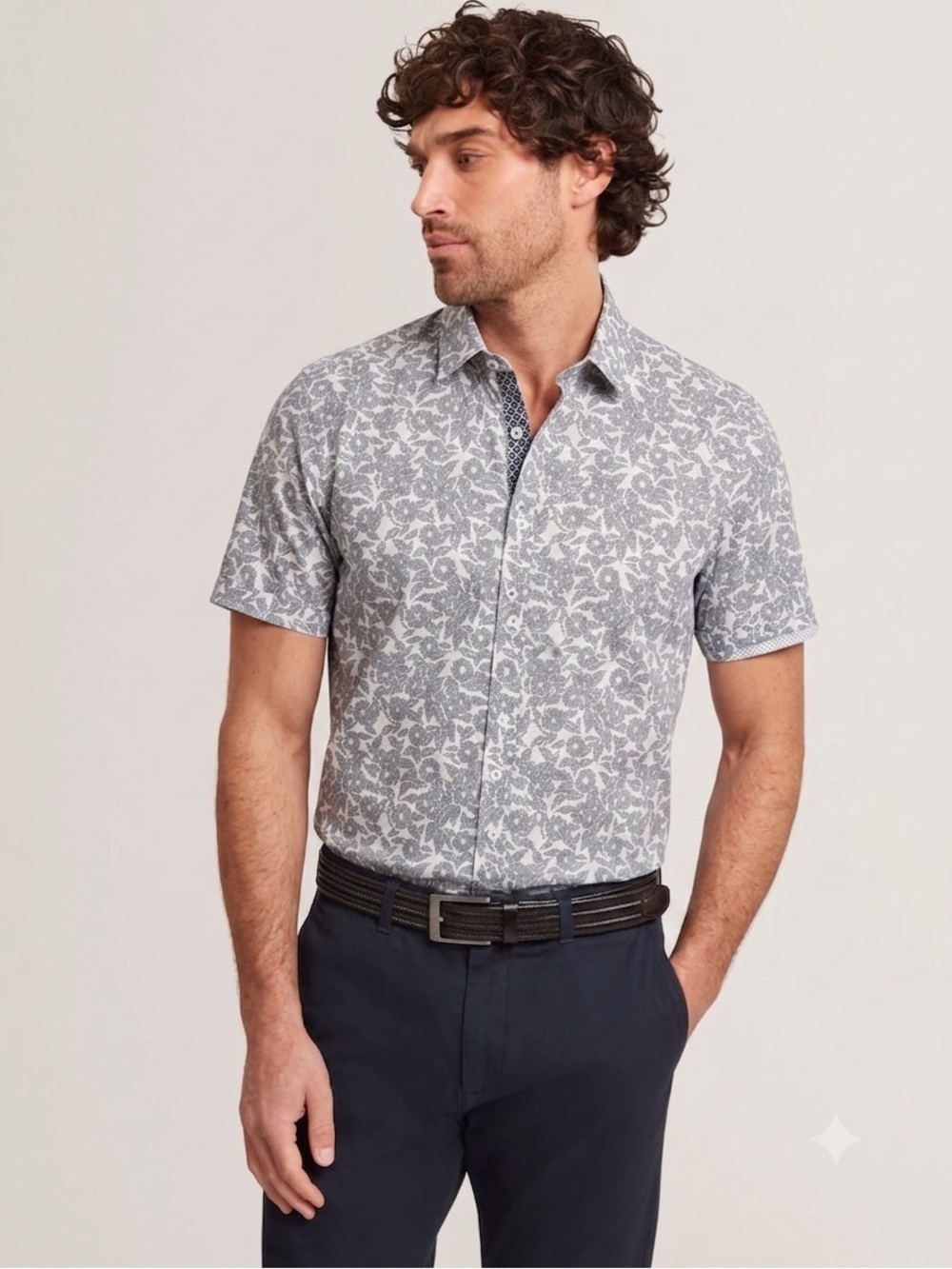 TED BAKER Men's Regular Fit Bordeaux SS Button Down Shirt - White/ Grey, Sz 5 XL